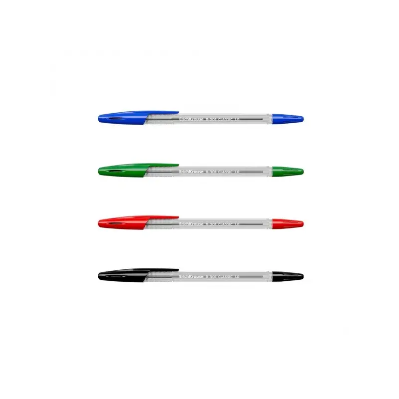 Erichkrause R-301 Pack de 4 Boligrafos de Bola Punta 1.0mm - Trazo 0.5mm - Tinta de Secado Rapido - Cuerpo Transparente - Capuch