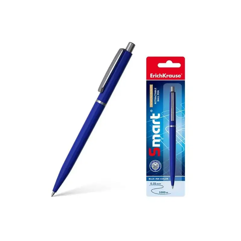 Erichkrause Smart Boligrafo Retractil con Clip Metalico - Punta de 07mm - Trazo de 0.35mm - Tinta de Secado Rapido - Color Azul