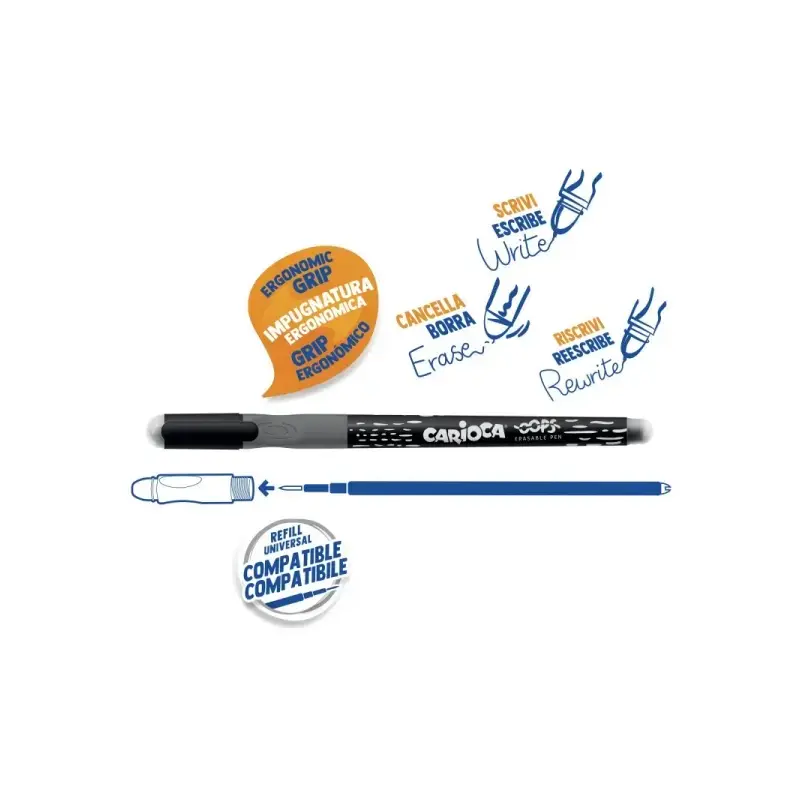 Carioca Oops Boligrafo Borrable - Tinta Termo Sensible - Empuñadura Ergonomica Triangular - Punta de Ø 0.7mm - Doble Goma - Colo