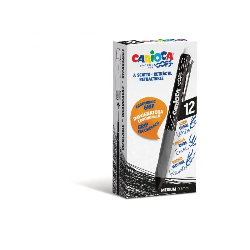 Carioca Oops Boligrafo Borrable Retractil - Tinta Termo Sensible - Empuñadura Ergonomica Triangular - Punta de Ø 0.7mm - Recambi