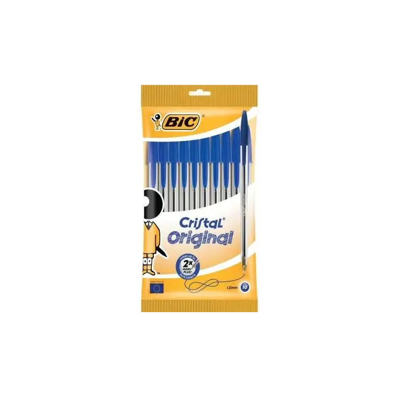 Bic Cristal Original Pack de 10 Boligrafos de Bola - Punta Redonda de 1.0mm - Trazo 0.4mm - Tinta con Base de Aceite - Color Azu