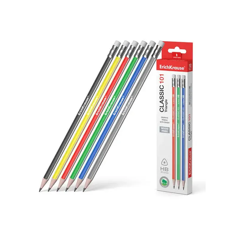 Erichkrause Classic 101 Lapiz de Grafito Plastico HB Triangular con Goma de Borrar - Colores Surtidos | Ahorro Imprimiendo