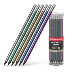 Erichkrause Metallic Lapiz de Grafito HB con Goma de Borrar - Cuerpo Redondo de Plastico - Colores Surtidos | Ahorro Imprimiendo