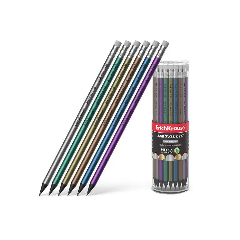 Erichkrause Metallic Lapiz de Grafito HB con Goma de Borrar - Cuerpo Redondo de Plastico - Colores Surtidos | Ahorro Imprimiendo