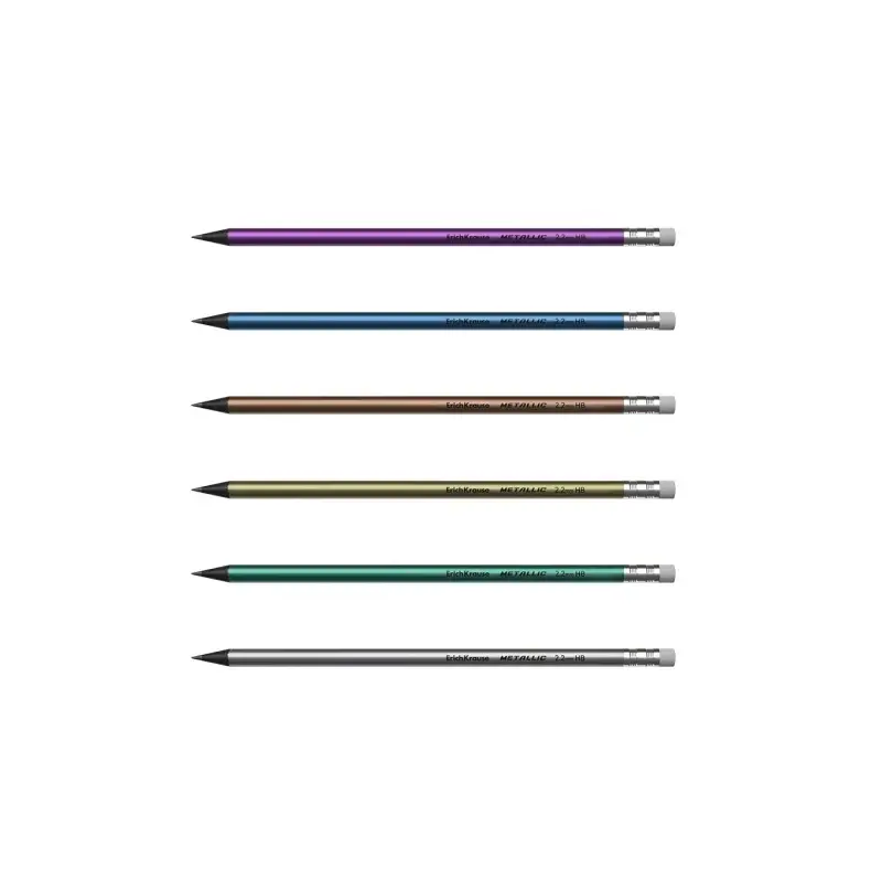 Erichkrause Metallic Lapiz de Grafito HB con Goma de Borrar - Cuerpo Redondo de Plastico - Colores Surtidos | Ahorro Imprimiendo