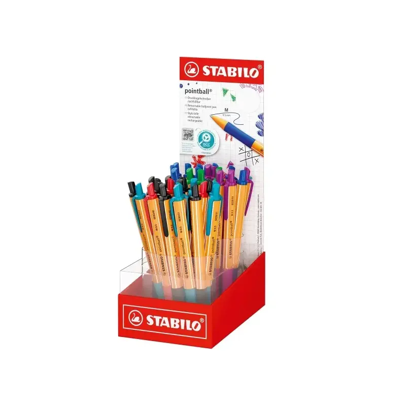 Stabilo Pointball Expositor con 38 Boligrafos Retractiles - Punta de 1mm - Tinta con Base de Aceite - Recargable - 87% Plastico