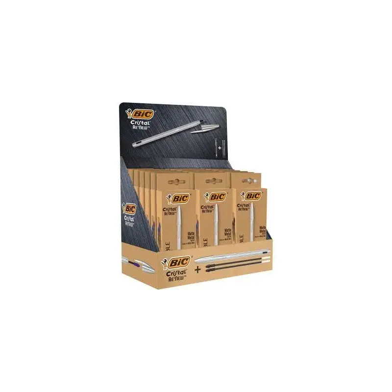 Bic Cristal Re´new Expositor de 21 Boligrafos de Bola con Cuerpo Metalico + 2 Recambios + 50 Bic Cristal Azul de Regalo - 15 Tin