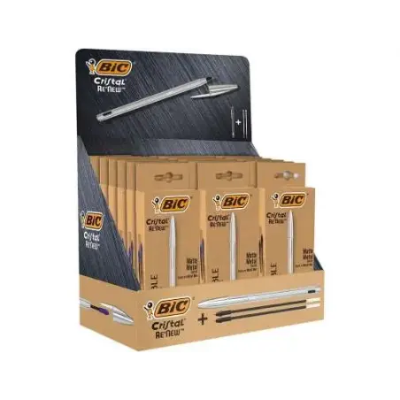 Bic Cristal Re´new Expositor de 21 Boligrafos de Bola con Cuerpo Metalico + 2 Recambios + 50 Bic Cristal Azul de Regalo - 15 Tin