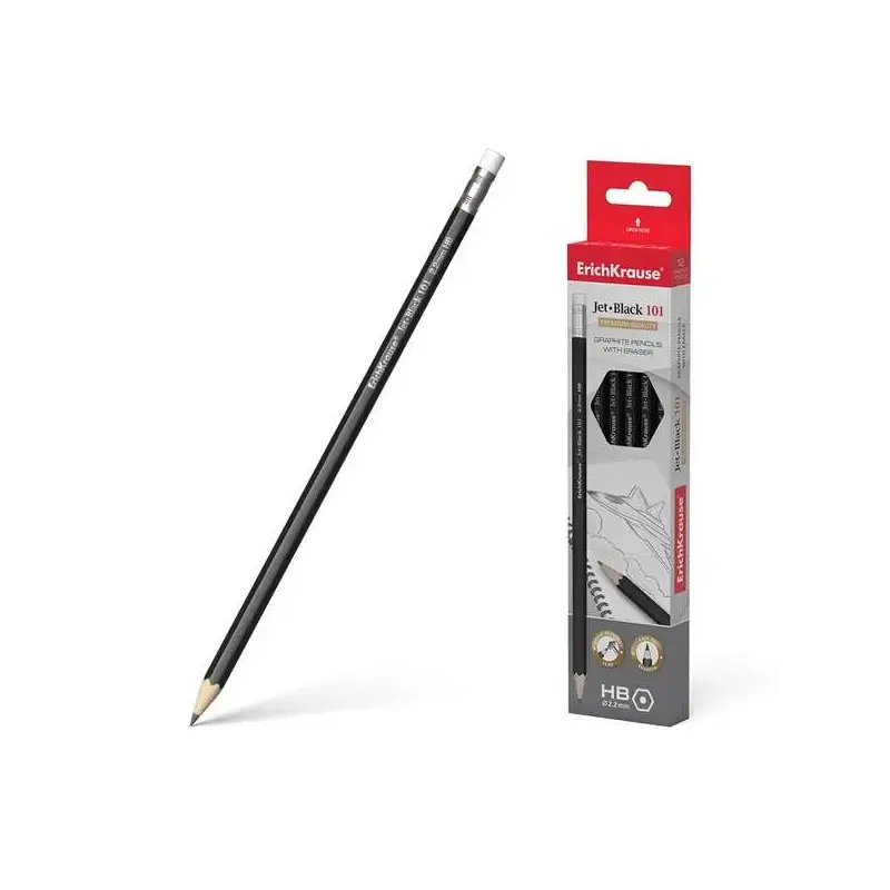 Erichkrause Jet Black 101 Lapiz de Grafito Hexagonal HB con Goma de Borrar - Resistente al Impacto - Color Negro | Ahorro Imprim