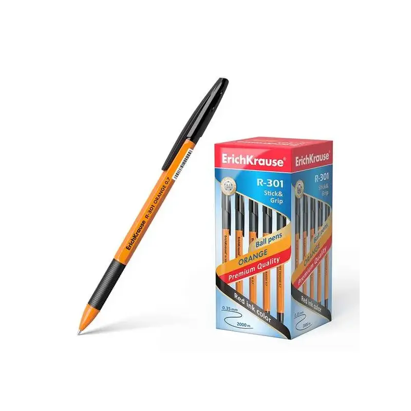 Erichkrause Boligrafo R-301 Stick&Grip 0.7 - Cuerpo Naranja con Agarre de Goma - Tinta de Secado Rapido - Color Negro | Ahorro I