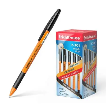 Erichkrause Boligrafo R-301 Stick&Grip 0.7 - Cuerpo Naranja con Agarre de Goma - Tinta de Secado Rapido - Color Negro | Ahorro I