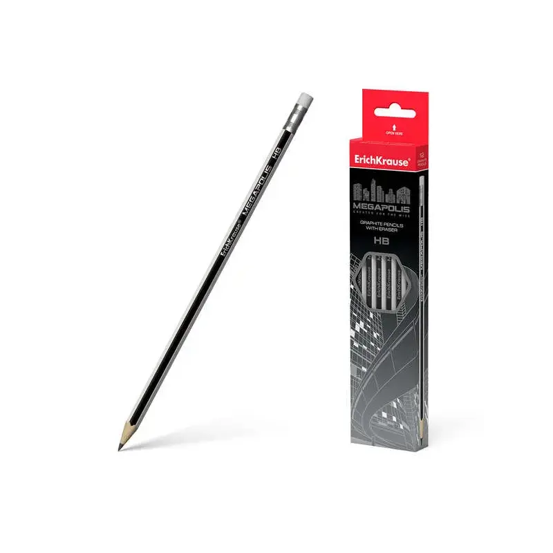 Erichkrause Lapiz de Grafito Hexagonal con Goma de Borrar Megapolis HB - Madera Seleccionada - Alta Resistencia al Impacto - Fac