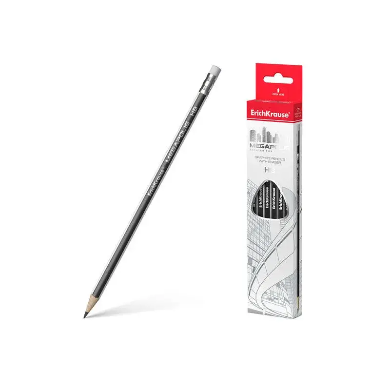 Erichkrause Megapolis HB - Lapiz de Grafito Triangular con Goma de Borrar - Madera Seleccionada - Dureza HB - Resistente al Impa