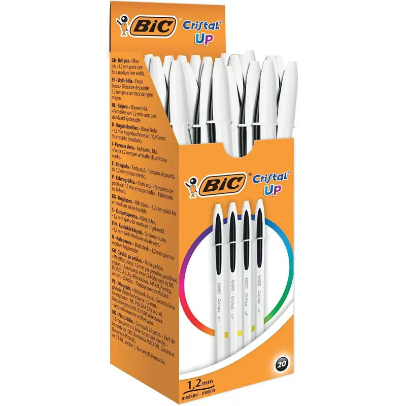 Bic Cristal Up Boligrafo de Bola - Punta de 1.2mm - Tinta con Base de Aceite - Cuerpo Blanco - Color Negro | Ahorro Imprimiendo