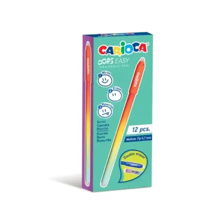 Carioca Oops Easy Boligrafo Borrable con Punta de Ø 0.7mm - Tinta Termo Sensible - Cuerpo con Efecto Degradado - Doble Goma - Co