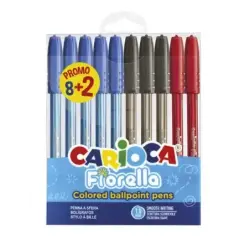 Carioca Fiorella Pack 8+2 Boligrafos Punta de Bola Ø 1mm - Cuerpo Transparente - Escritura Brillante y Colorida - Colores Surtid