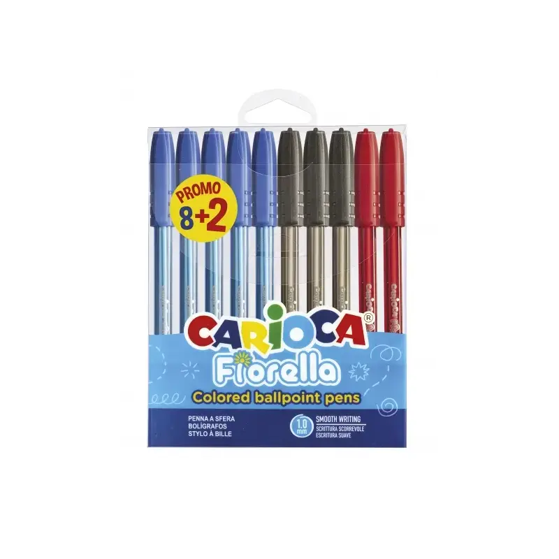 Carioca Fiorella Pack 8+2 Boligrafos Punta de Bola Ø 1mm - Cuerpo Transparente - Escritura Brillante y Colorida - Colores Surtid