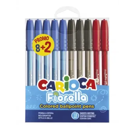 Carioca Fiorella Pack 8+2 Boligrafos Punta de Bola Ø 1mm - Cuerpo Transparente - Escritura Brillante y Colorida - Colores Surtid