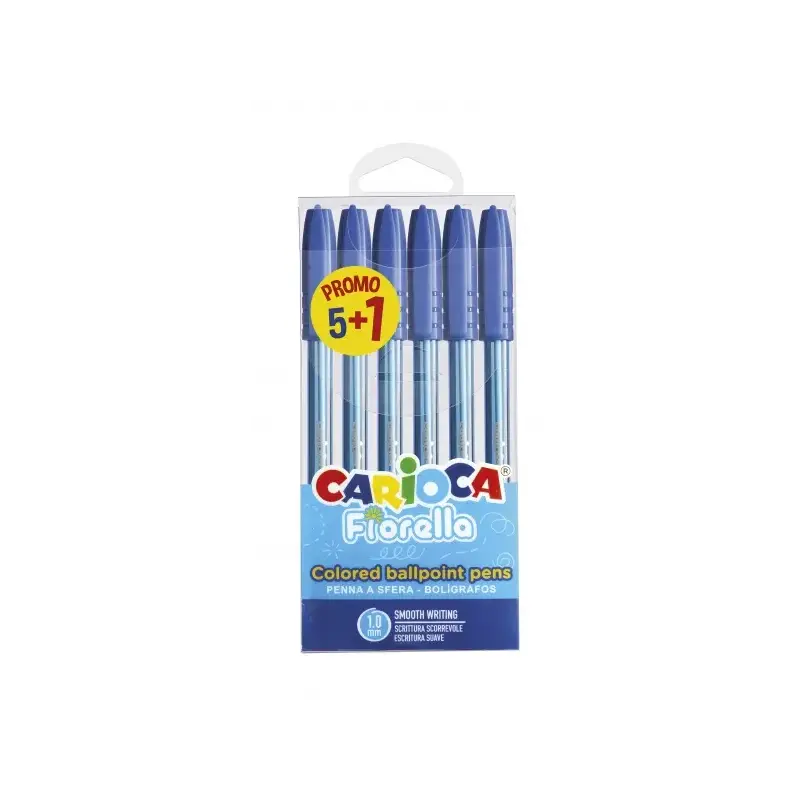 Carioca Fiorella Pack 5+1 Boligrafos Punta de Bola Ø 1mm - Cuerpo Transparente - Escritura Brillante y Colorida - Color Azul | A