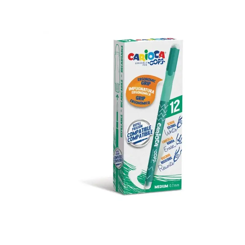 Carioca Oops Boligrafo Borrable - Tinta Termo Sensible - Empuñadura Ergonomica Triangular - Punta de Ø 0.7mm - Doble Goma - Reca