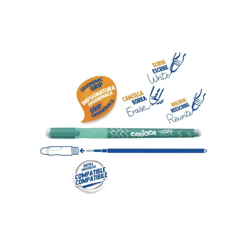 Carioca Oops Boligrafo Borrable - Tinta Termo Sensible - Empuñadura Ergonomica Triangular - Punta de Ø 0.7mm - Doble Goma - Reca