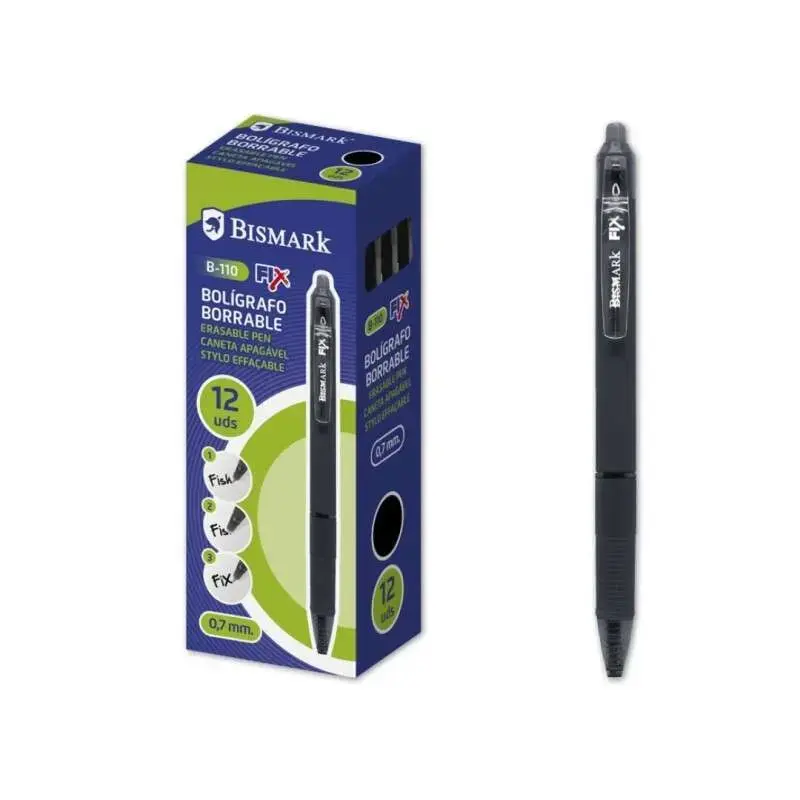 Bismark Fix Boligrafo Retractil Borrable - Punta Fina 0.7mm - Con Clip - Color Negro | Ahorro Imprimiendo