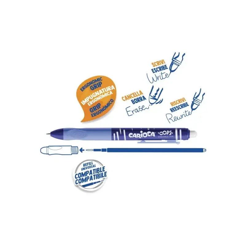 Carioca Oops Boligrafo Borrable Retractil - Tinta Termo Sensible - Empuñadura Ergonomica Triangular - Punta de Ø 0.7mm - Recambi
