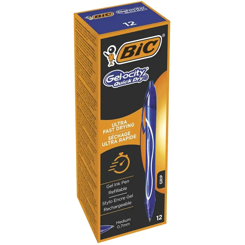 Bic Gel-Ocity Quick Dry Boligrafo de Gel Retractil - Punta Media de 0.7 mm - Tinta de Gel - Anti-Manchas - Secado Ultra Rapido -