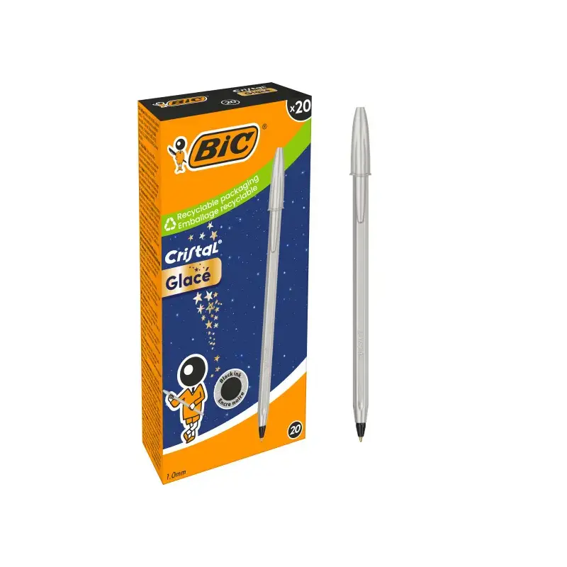 Bic Cristal Glace Boligrafo de Bola - Cuerpo Opaco en Color Plata Mate - Punta Redonda de 1mm - Trazo 0.4mm - Tinta con Base de
