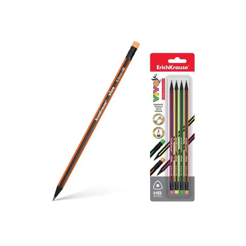 Erichkrause Vivo HB Pack de 4 Lapices de Grafito Triangular HB con Goma de Borrar del Color del Lapiz - Madera Seleccionada - Re