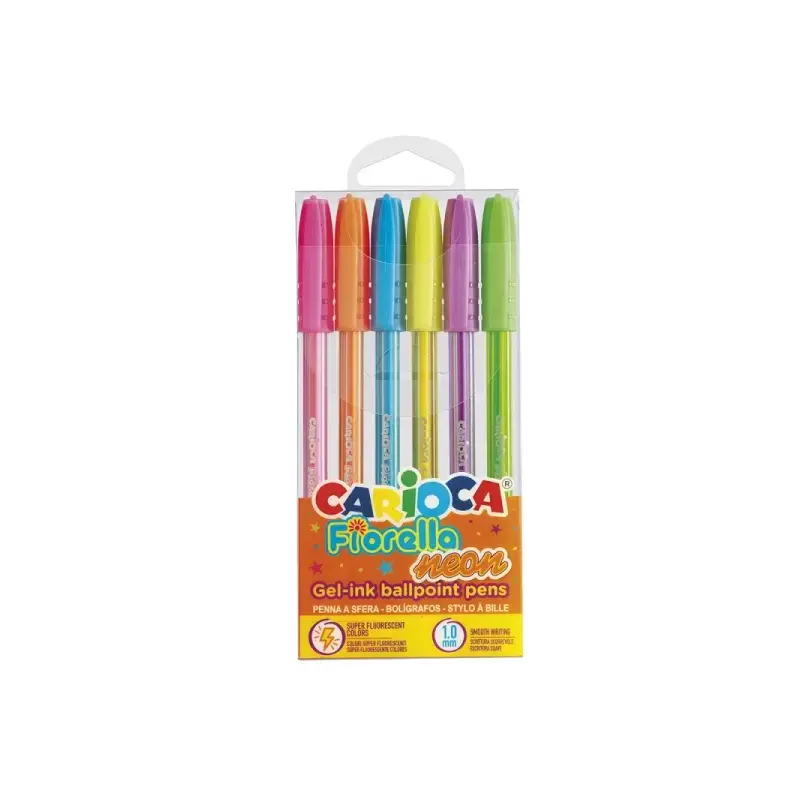 Carioca Fiorella Neon Pack de 6 Boligrafos de Colores Tinta Gel - Punta de Bola 1mm - Cuerpo Transparente Fluo - Colores Neon Su