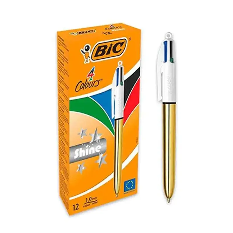 Bic 4 Colours Shine Boligrafo de Bola Retractil - Punta de 1mm - Trazo de 0.4mm - Tinta con Base de Aceite - Cuerpo Oro/Blanco -