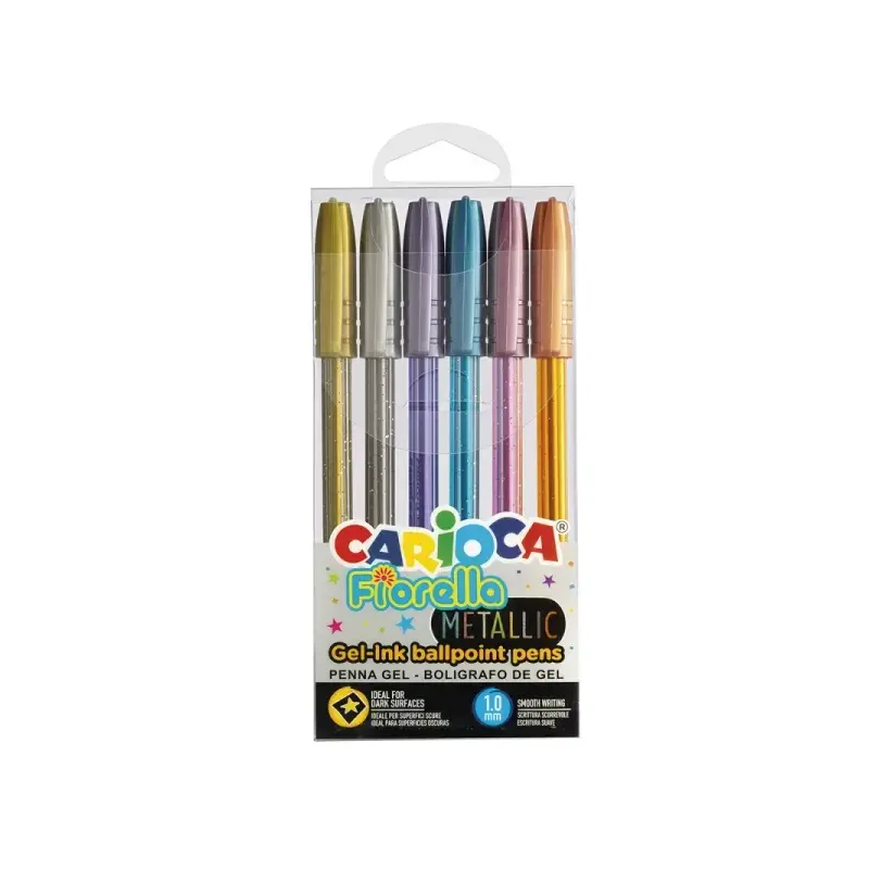 Carioca Fiorella Metallic Pack de 6 Boligrafos de Colores Tinta Gel - Punta de Bola 1mm - Cuerpo Transparente - Colores Metalico