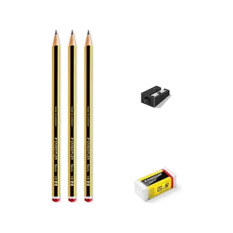 Staedtler Noris 120 Pack de 3 Lapices de Grafito Hexagonales + Goma de Borrar + Sacapuntas - Mina HB Ultrarresistente de 2mm - M