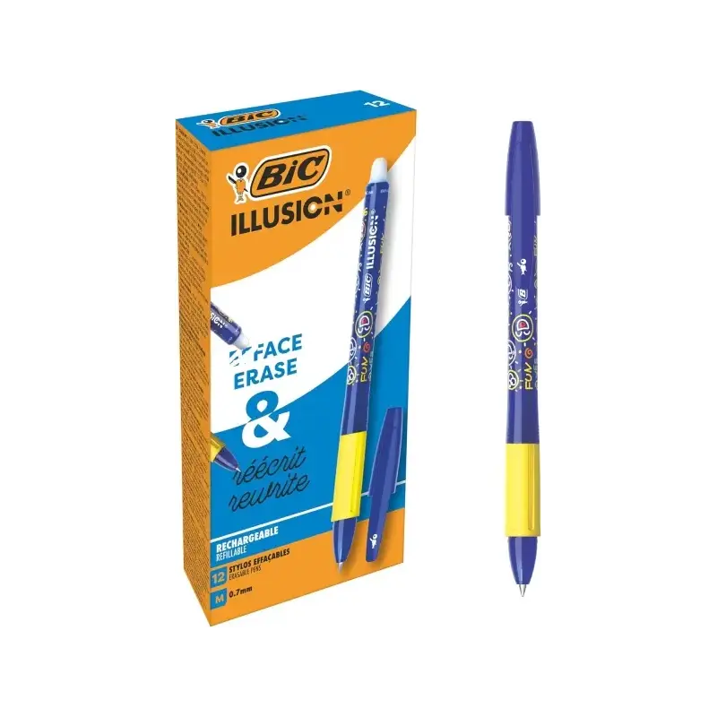 Bic Illusions Boligrafo Borrable - Punta Media de 0.7mm - Grip de Goma - Recargable - Color Azul | Ahorro Imprimiendo