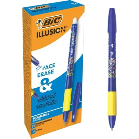 Bic Illusions Boligrafo Borrable - Punta Media de 0.7mm - Grip de Goma - Recargable - Color Azul | Ahorro Imprimiendo