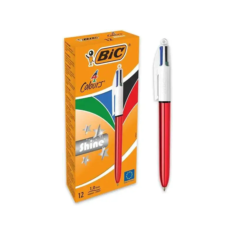 Bic 4 Colours Shine Boligrafo de Bola Retractil - Punta de 1mm - Trazo de 0.4mm - Tinta con Base de Aceite - Cuerpo Rojo Metaliz