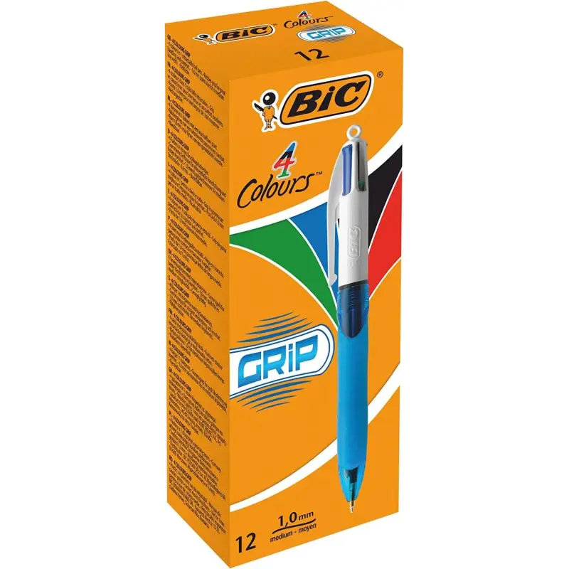Bic 4 Colours Grip Boligrafo de Bola Retractil con Grip - Punta Media de 1mm - Trazo de 0.4mm - Tinta con Base de Aceite - Cuerp