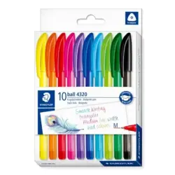 Staedtler Ball 4320 M Pack con 10 Boligrafos Punta de Bola 1mm - Escritura Suave - Cuerpo Triangular - Colores Surtidos | Ahorro