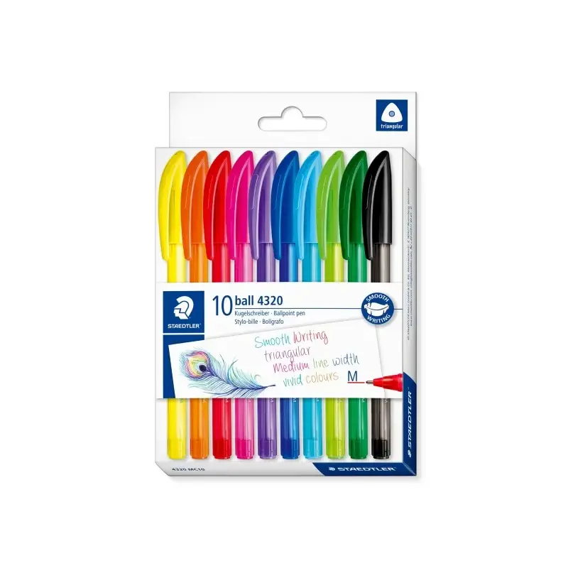 Staedtler Ball 4320 M Pack con 10 Boligrafos Punta de Bola 1mm - Escritura Suave - Cuerpo Triangular - Colores Surtidos | Ahorro