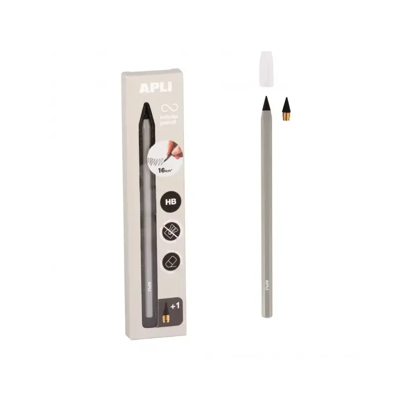 Apli Infinite Pencil Pack de Lapiz Infinito HB + Mina de Recambio + Tapon Protector - Para Escribir hasta 16km - Color Gris | Ah