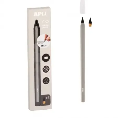 Apli Infinite Pencil Pack de Lapiz Infinito HB + Mina de Recambio + Tapon Protector - Para Escribir hasta 16km - Color Gris | Ah