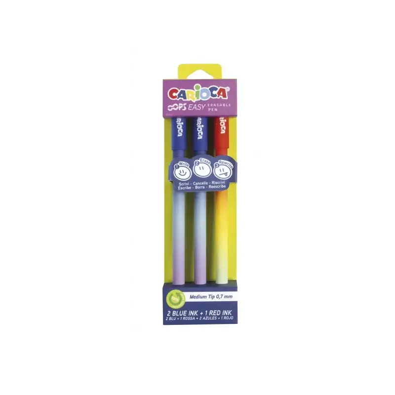 Carioca Oops Easy Pack de 3 Boligrafos Borrables con Punta de Ø 0.7mm - Tinta Termo Sensible - Cuerpo con Efecto Degradado - Dob
