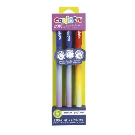 Carioca Oops Easy Pack de 3 Boligrafos Borrables con Punta de Ø 0.7mm - Tinta Termo Sensible - Cuerpo con Efecto Degradado - Dob