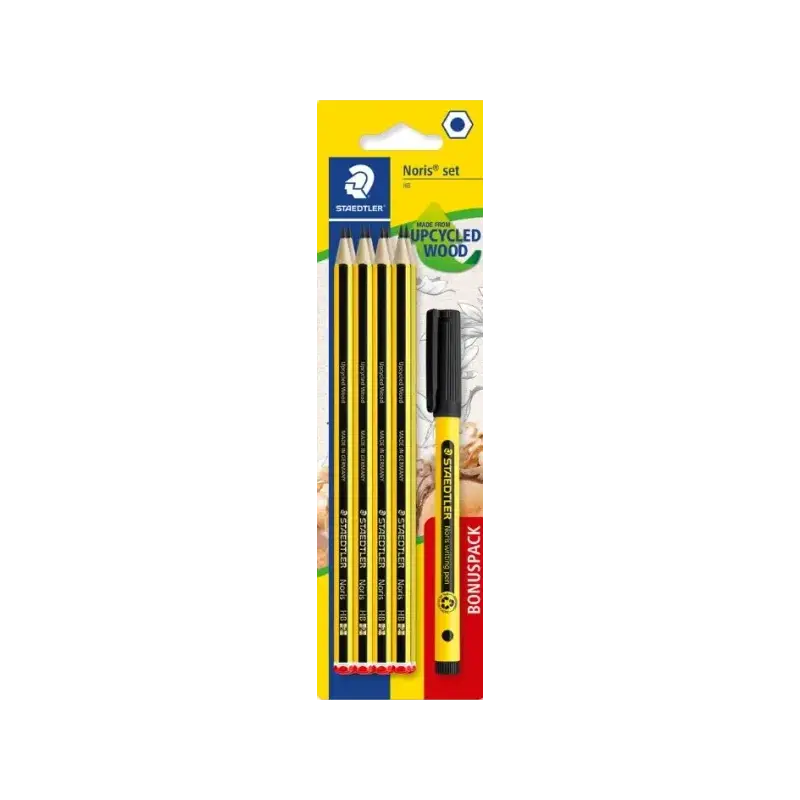 Staedtler Noris 120 Pack con 8 Lapices de Grafito Hexagonales HB + 1 Fineliner Noris Writing Pen 307 Negro - Resistencia a la Ro