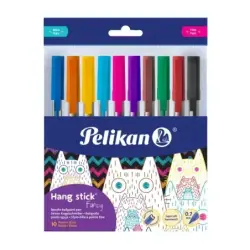 Pelikan Hang Stick Pack de 10 Boligrafos de Bola - Trazo de 0.7mm - Capuchon Antiasfixia - Cuerpo Triangular Ergonomico - Gancho