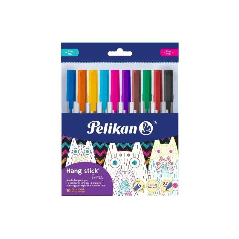 Pelikan Hang Stick Pack de 10 Boligrafos de Bola - Trazo de 0.7mm - Capuchon Antiasfixia - Cuerpo Triangular Ergonomico - Gancho