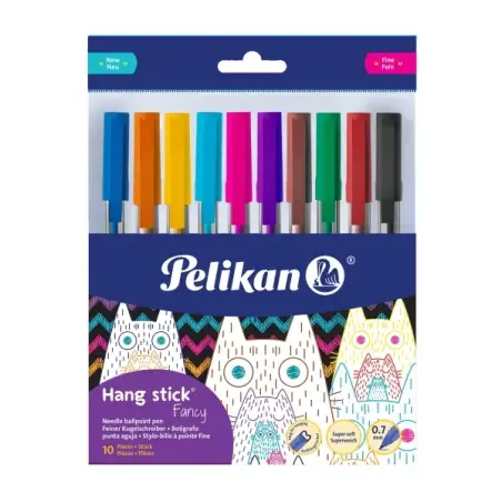Pelikan Hang Stick Pack de 10 Boligrafos de Bola - Trazo de 0.7mm - Capuchon Antiasfixia - Cuerpo Triangular Ergonomico - Gancho