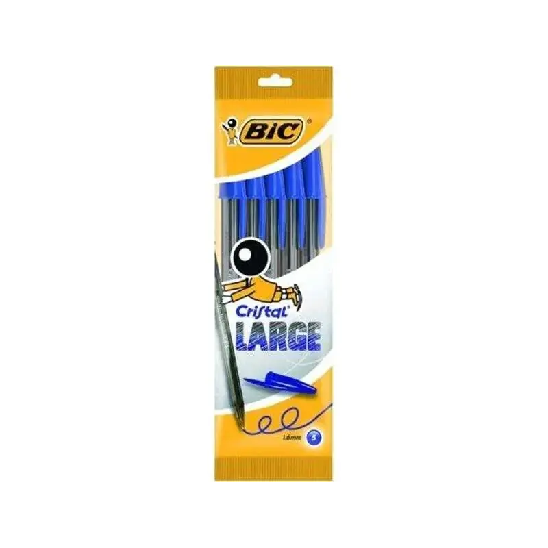 Bic Cristal Large Pack de 5 Boligrafos de Bola - Punta Redonda de 1.6mm - Trazo 0.6mm - Tinta con Base de Aceite - Color Azul |