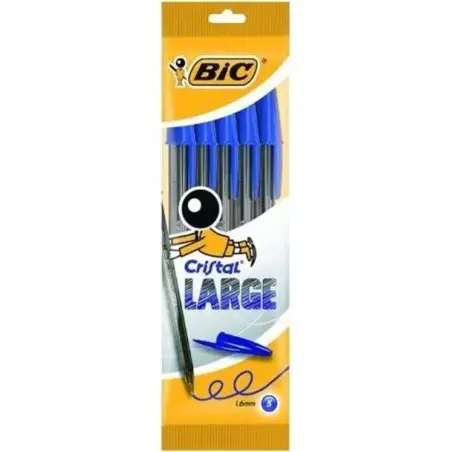 Bic Cristal Large Pack de 5 Boligrafos de Bola - Punta Redonda de 1.6mm - Trazo 0.6mm - Tinta con Base de Aceite - Color Azul |